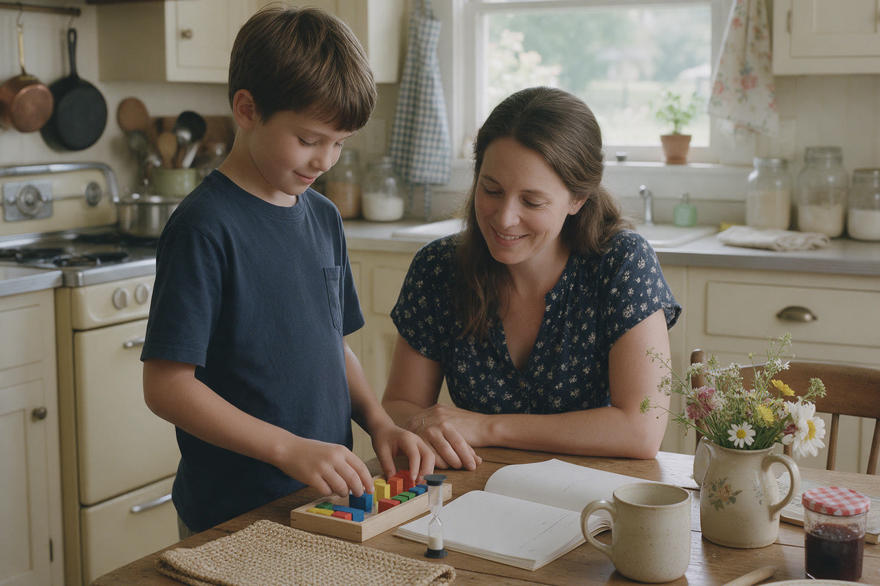 A boy stands at the kitchen table working with math blocks beside a sand timer.