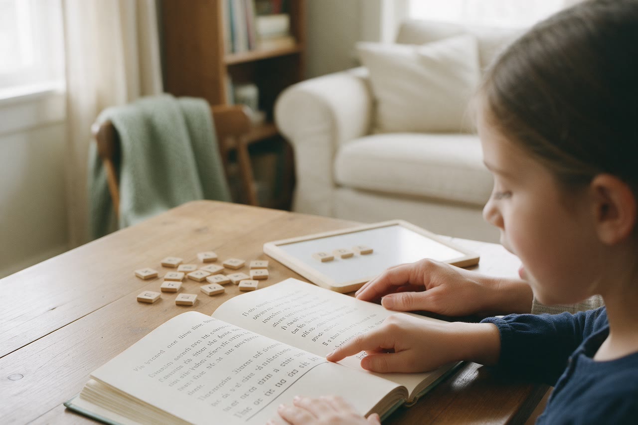 A girl reads aloud with her finger under the line beside wooden letter tiles.